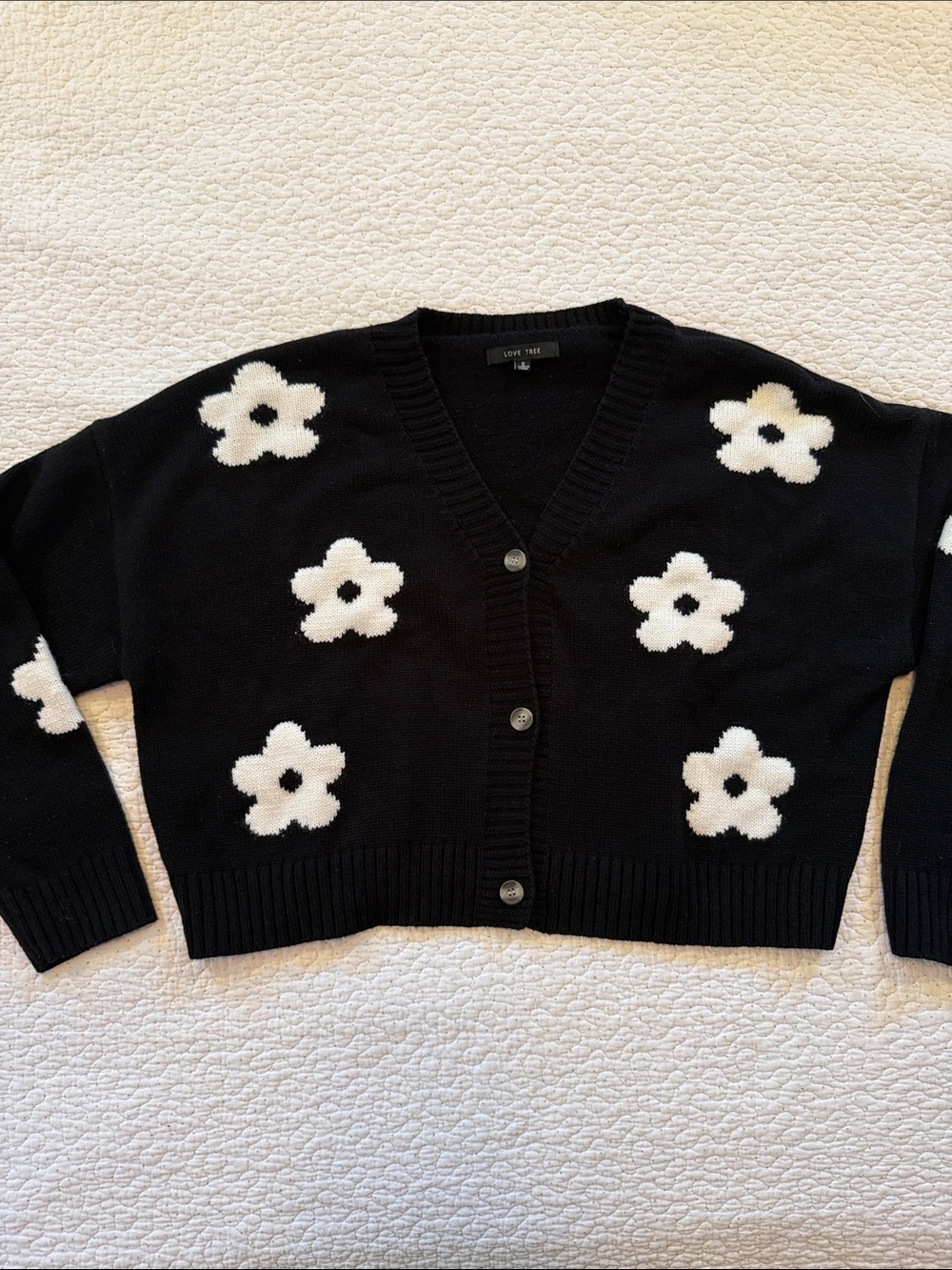 Love Tree Black Cardigan with White Floral Knit Appliqués